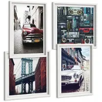 Coloray 4-Delige Schilderij Set - Oude Auto'S Op Straat Bij De Brooklyn Bridge En Retro Audioapparatuur - 40 x 40 En 40 x 60 - Moderne Wanddecoratie - Woonkamer - Stijlvolle Muurdecoratie