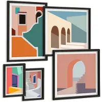 Coloray 5-Delige Schilderij Set - Kleurrijke Illustraties Van Gebouwen In Een Moderne Stijl. - 50 x 50 cm, 20 x 30 cm En 40 x 60 cm - Wanddecoratie - Schilderijen Set - Kantoor - Moderne Wanddecoratie