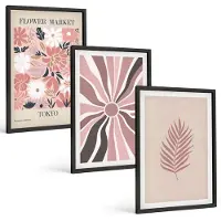 Coloray 3-Delige Schilderij Set - Bloemmotieven Met Bladeren En Geometrische Vormen - 40 x 60 cm - Wanddecoratie - Moderne Interieurdecoratie - Woonkamer Decoratie