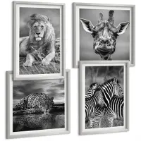 Coloray 4-Delige Schilderij Set - Wilde Dieren: Leeuw, Jaguar, Giraffe En Zebra'S - 40 x 40 cm En 40 x 60 cm - Decoratieve Schilderijen - Woonkamer - Interieur - Wanddecoratie