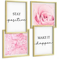 Wallfluent 4-Delige Schilderij Set - Minimalistische, Inspirerende Roze Bloemenletters - 40 x 40 cm En 40 x 60 cm - Wanddecoratie - Muurdecoratie - Woonkamer - Decoratieve Schilderijen