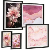 Coloray 5-Delige Schilderij Set - Bloemencomposities In Delicate Roze Tinten - 50 x 50 cm, 20 x 30 cm En 40 x 60 cm - Muurdecoratie - Wanddecoratie - Slaapkamer