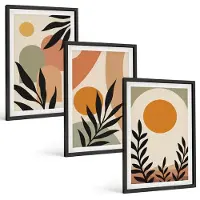 Coloray 3-Delige Schilderij Set - Abstracte Vormen En Plantmotieven In Warme Kleuren. - 40 x 60 cm - Stijlvolle Wanddecoratie - Interieur