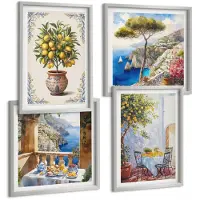 Wallfluent 4-Delige Schilderij Set - Zeezicht Met Citroenboom En Tuintafel - 40 x 40 cm En 40 x 60 cm - Muurdecoratie - Interieur Decoratie - Decoratieve Schilderijen