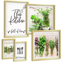 Coloray 5-Delige Schilderij Set - Keukeninspiratie Met Kruiden En Een Passie Voor Koken - 50 x 50 cm, 20 x 30 cm En 40 x 60 cm - Decoratieve Muurdecoratie - Slaapkamer