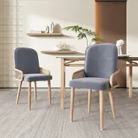 Muvano Set Van 2- Fluwelen Eetkamerstoelen - Rotan Design Stoelen - Grijze Stoelen - Metalen Poten Houtlook - PE Rotan Rugleuning - Woonkamer - Grijs