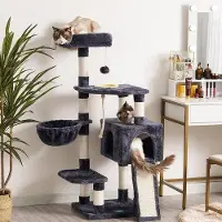 Unyqoos kraboom met voerstation, stabiele kattenboom voor grote en kleine katten, met krabplank, hangmat, extra groot kattenbed, in rookgrijze kleur