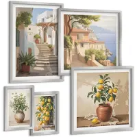 Coloray 5-Delige Schilderij Set - Bloemen In Een Vaas Met Uitzicht Op Zee En Citroenen - 20 x 30 cm - Wanddecoratie - Schilderijen Set - Kantoor - Woonkamer Decoratie