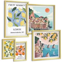 Coloray 5-Delige Schilderij Set - Fruitmotieven En Landschappen In Vintage Stijl - 50 x 50 cm, 20 x 30 cm En 40 x 60 cm - Wanddecoratie - Muurdecoratie - Woonkamer - Interieur Decoratie