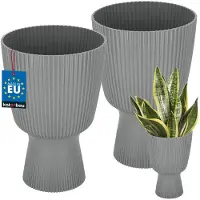 KOTARBAU 2 Stuks - Bloempot - Plantenpot met Sokkel ⌀ 18 cm - PVC - Geribbelde Orchideeënpot - H: 27 cm - Grijs - Kelkvorm