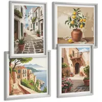 Coloray 4-Delige Schilderij Set - Schilderachtige Straatjes Met Huizen En Potplanten. - 40 x 40 cm En 40 x 60 cm - Wanddecoratie - Muurdecoratie - Moderne Interieurdecoratie - Stijlvolle Muurdecoratie