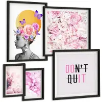 Coloray 5-Delige Schilderij Set - Bloemmotieven Met Vrouwen En Inspirerende Slogans - 50 x 50 cm, 20 x 30 cm En 40 x 60 cm - Wanddecoratie - Schilderijen Set - Interieur