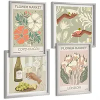 Coloray 4-Delige Schilderij Set - Bloemenposters Wijn Kopenhagen Londen - 40 x 40 cm En 40 x 60 cm - Moderne Wanddecoratie - Woonkamer - Decoratieve Schilderijen