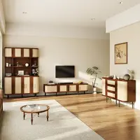 MODFU Woonkamer set, 3-delig, bestaande uit een TV-kast, een dressoir en een hoge kast. Opbergmeubelset met gevlochten voorpanelen, een MDF-corpus en metalen poten, afgewerkt in walnoot
