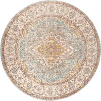 FRAAI Rond vintage vloerkleed - Thirza Medaillon Lichtblauw/Geel - Ø 100cm