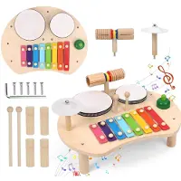 AKKEE Houten Percussieset voor Kinderen - Xylofoon met 2 Trommels, Cimbaal en Bel - Montessori Muziekspeelgoed - Voor Kinderen 1-3 Jaar