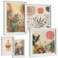 Coloray 5-Delige Schilderij Set - Boho-Stijl Bloemenmotieven Met Abstracte Details - 50 x 50 cm, 20 x 30 cm En 40 x 60 cm - Muurdecoratie - Interieur Decoratie - Stijlvolle Muurdecoratie