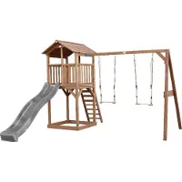 Axi Beach Tower Speeltoestel van hout in Bruin | Speeltoren met zandbak, dubbele schommel en grijze Glijbaan | Speelhuis op palen voor de tuin