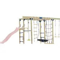 Axi Boris Klimtoestel van hout in bruin met Pastel Roze Glijbaan | Klimtoestel uitgerust voor kinderen met verschillende Schommels, Trapeze, Klimnetten en Monkey Bars | Klimtoestel voor in de tuin