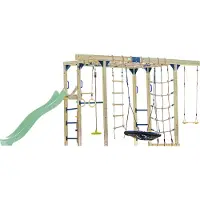 Axi Boris Klimtoestel van hout in bruin met Pastel Groen Glijbaan | Klimtoestel uitgerust voor kinderen met verschillende Schommels, Trapeze, Klimnetten en Monkey Bars | Klimtoestel voor in de tuin