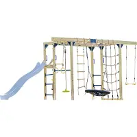 Axi Boris Klimtoestel van hout in bruin met Pastel Blauw Glijbaan | Klimtoestel uitgerust voor kinderen met verschillende Schommels, Trapeze, Klimnetten en Monkey Bars | Klimtoestel voor in de tuin