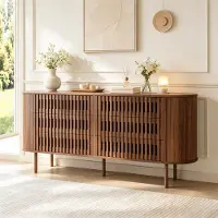 OKWISH Dressoir – 160×40×70 cm – 6 Lades – Opbergruimte Voor Woonkamer En Hal – Lamelontwerp – MDF En Metaal – Walnootkleur