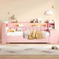 MODFU Dagbed 90x200 tot 180x200 cm met uitschuifbed, dagbed met LED-verlichting en USB-aansluiting, gestoffeerd bed met bureau en planken, zonder matras, roze (met een matras van 90x200 cm)