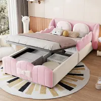 Flieks kinderbed, 90x200 cm, met 2 sierkussens, hydraulisch verstelbaar bed met opbergruimte, eenpersoonsbed met opbergruimte en valbeveiliging, fluweel, roze