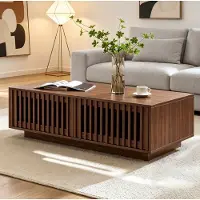 OKWISH Salontafel - Rechthoekige Tafel Met 2 Gitterdeuren En Opbergruimte - Woonkamer Of Slaapkamer - MDF Walnootkleur - 100x50x35 cm