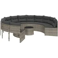 vidaXL Tuinbank met tafel en kussens rond poly rattan grijs