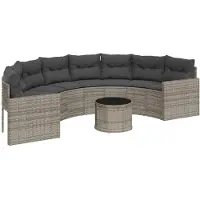 vidaXL Tuinbank met tafel en kussens halfrond poly rattan grijs