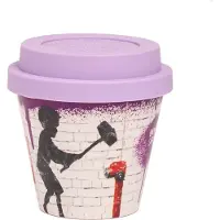 Quy Cup - 90ml Ecologische Espresso Reisbeker - De originele Banksy's Graffiti "Hammer Boy" met paars Siliconen deksel 7x7x7cm