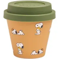 Quy Cup - 90ml Ecologische Reis Beker - Espressobeker "Peanuts Snoopy 14 Woodstock” met Donker Groen Siliconen deksel 7x7x7cm