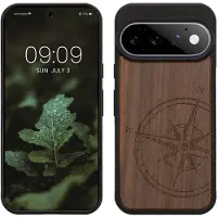 Kwmobile telefoonhoesje geschikt voorGoogle Pixel 11 Pro - Hoesje met bumper - hout - In donkerbruin Vintage Kompas design
