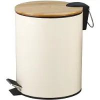 Famanu – Badkamer pedaalemmer van 3 liter in wit en bamboe, hygiënische contactloze opening, Ø16,8 x 23 cm, gelakt roestvrij staal, ronde afvalbak met luchtdicht deksel