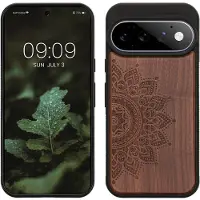 Kwmobile telefoonhoesje geschikt voorGoogle Pixel 11 Pro - Hoesje met bumper - hout - In donkerbruin Opkomende Zon design