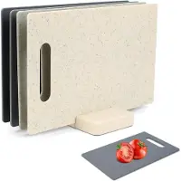 Famanu – 4-delige snijplankenset met standaard, 28,1 x 18,3 cm, kunststof keukenplanken met antislip voetjes, vaatwasmachinebestendig, grijs en beige