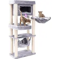 Merkloos Kratzboom Kratzboom Villa, 150 cm hoog, met hangmat, slaapzak en extra grote sofa, geschikt voor middelgrote katten, grijs