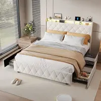Rosahqnda Gestoffeerd bed 160 x 200 cm, Opbergbed met 4 lades, Tweepersoonsbed met led- en usb-aansluiting, Continentaal bed, Beige flanellen