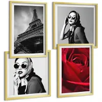 Wallfluent 4-Delige Schilderij Set - Parijse Vrouw Met Bril, Roos En Eiffeltoren - 40 x 40 cm En 40 x 60 cm - Stijlvolle Muurdecoratie - Slaapkamer - Moderne Wanddecoratie