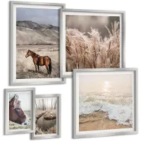 Coloray 5-Delige Schilderij Set - Paarden In Een Landschap Met Grassen En Een Winterbeek. - 20 x 30 cm - Wanddecoratie - Muurdecoratie - Woonkamer
