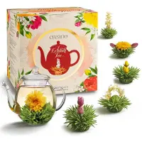 Creano theebloemen cadeauset - FLOWER DESIGN - bloementhee lenteoogst met 500ml glazen theepot & 6x witte thee - cadeau voor Valentijnsdag, Moederdag
