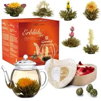 Creano Set van 6 bloementhee witte thee in hartvormige houten kist + 500ml theepot
