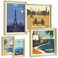 Coloray 5-Delige Schilderij Set - Europese Steden En Hun Retro Toeristische Iconen - 50 x 50 cm, 20 x 30 cm En 40 x 60 cm - Wanddecoratie - Muurdecoratie - Woonkamer - Woonkamer Decoratie
