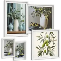 Coloray 5-Delige Schilderij Set - Groene Olijven En Bloemen In Scandinavische Stijl - 50 x 50 cm, 20 x 30 cm En 40 x 60 cm - Wanddecoratie - Schilderijen Set - Interieur - Woonkamer Decoratie