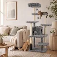Costway Kraboom, 170 cm hoog, met kattenhol, ligvlak, plateaus, krabpalen van sisal, een kattenborstel en 2 pluchen ballen. Kattenboom