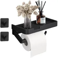 Unyqoos Ibenzoa Zelfklevende toiletrolhouder met opbergruimte en 2 multifunctionele haken, 100% aluminiumlegering, 17,6 x 9,5 cm – zonder boren, waterdicht
