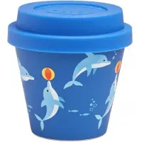 Quy Cup - 90ml Ecologische Reis Beker - Espressobeker "Delfino - Dolfijn" met blauw siliconen deksel 7x7x7cm