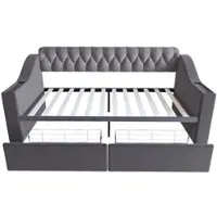 STILVORA Slaapbank 90x190 cm – Gestoffeerd Bed Met USB+Type-C & Armleuning-Opbergvakken – 2 Opberglades – Fluweel – Donkergrijs – Zonder matras