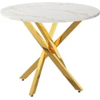 MODFU Eettafel van rundvleeshout, 80 cm breed, met marmeren blad, gouden poten en een moderne kruisvoet. Elegante keukentafel voor eetkamer, keuken en woonkamer, in goud/wit